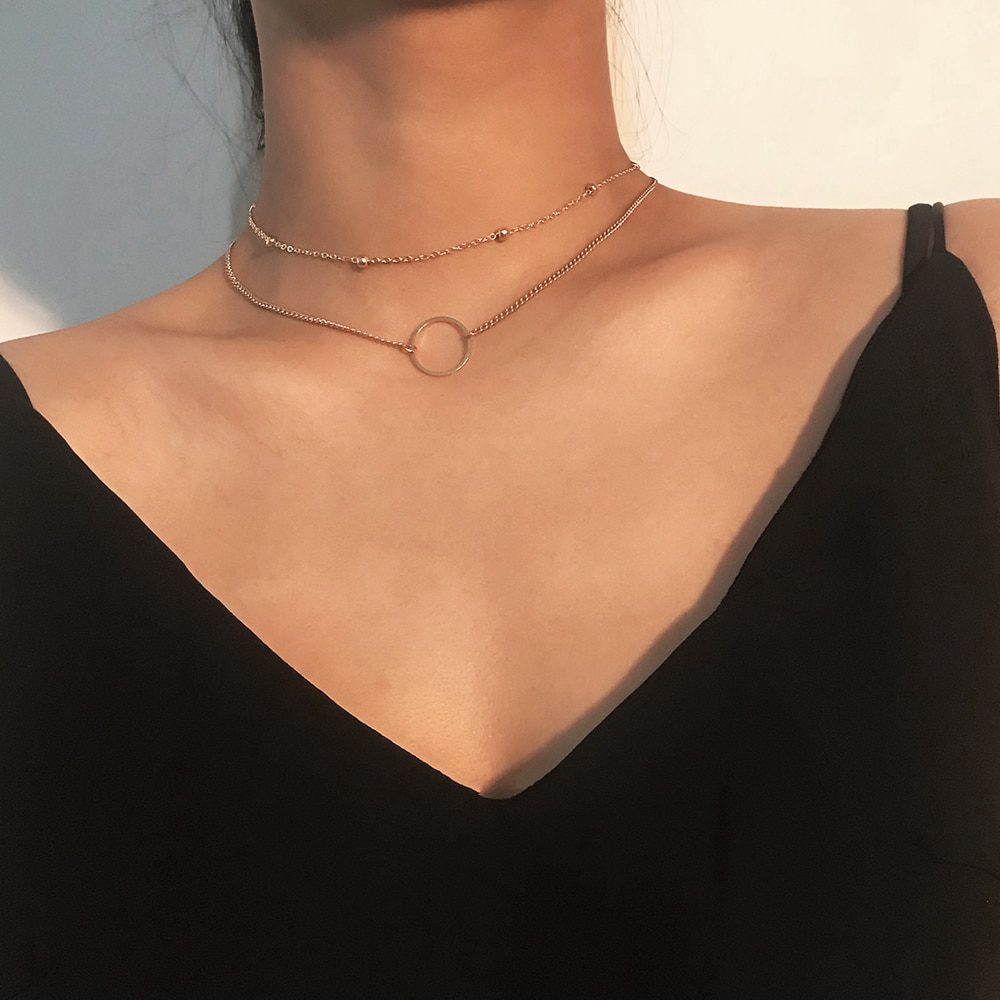 Modern Two Layers Round Gold Color Necklace Choker in Necklaces