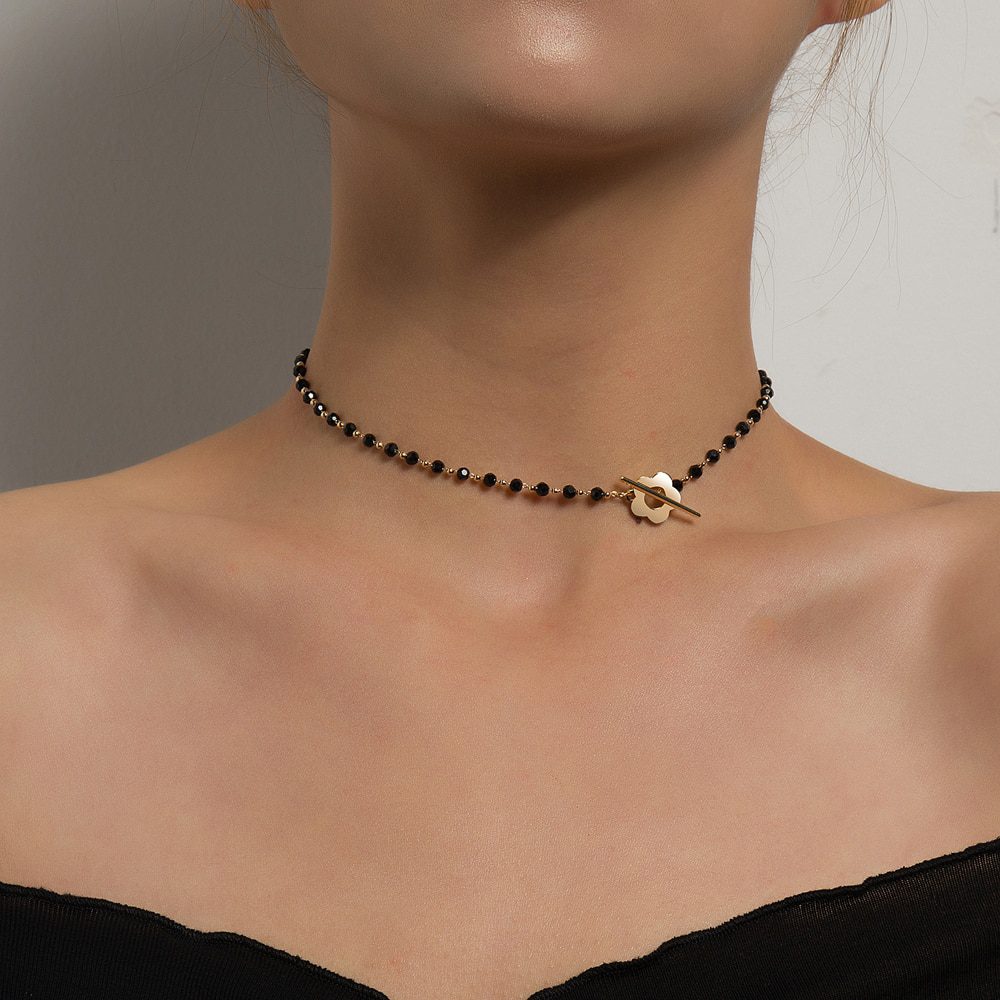 Black Crystal Glass Bead Chain Choker Necklace in Necklaces