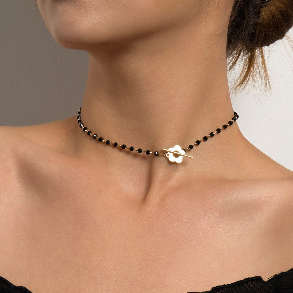 Black Crystal Glass Bead Chain Choker Necklace in Necklaces