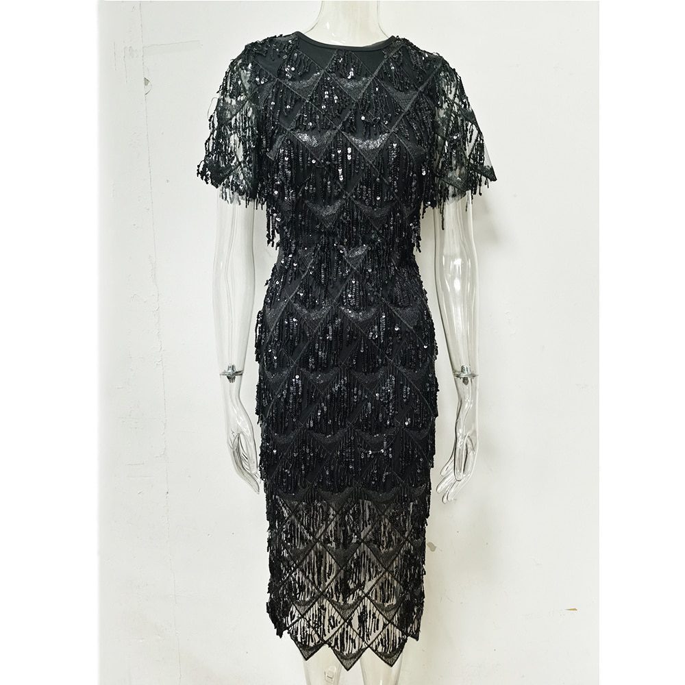 Vintage Black Sequin Bodycon Dress in Dresses