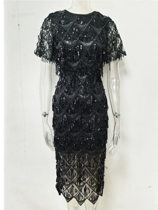 Vintage Black Sequin Bodycon Dress in Dresses