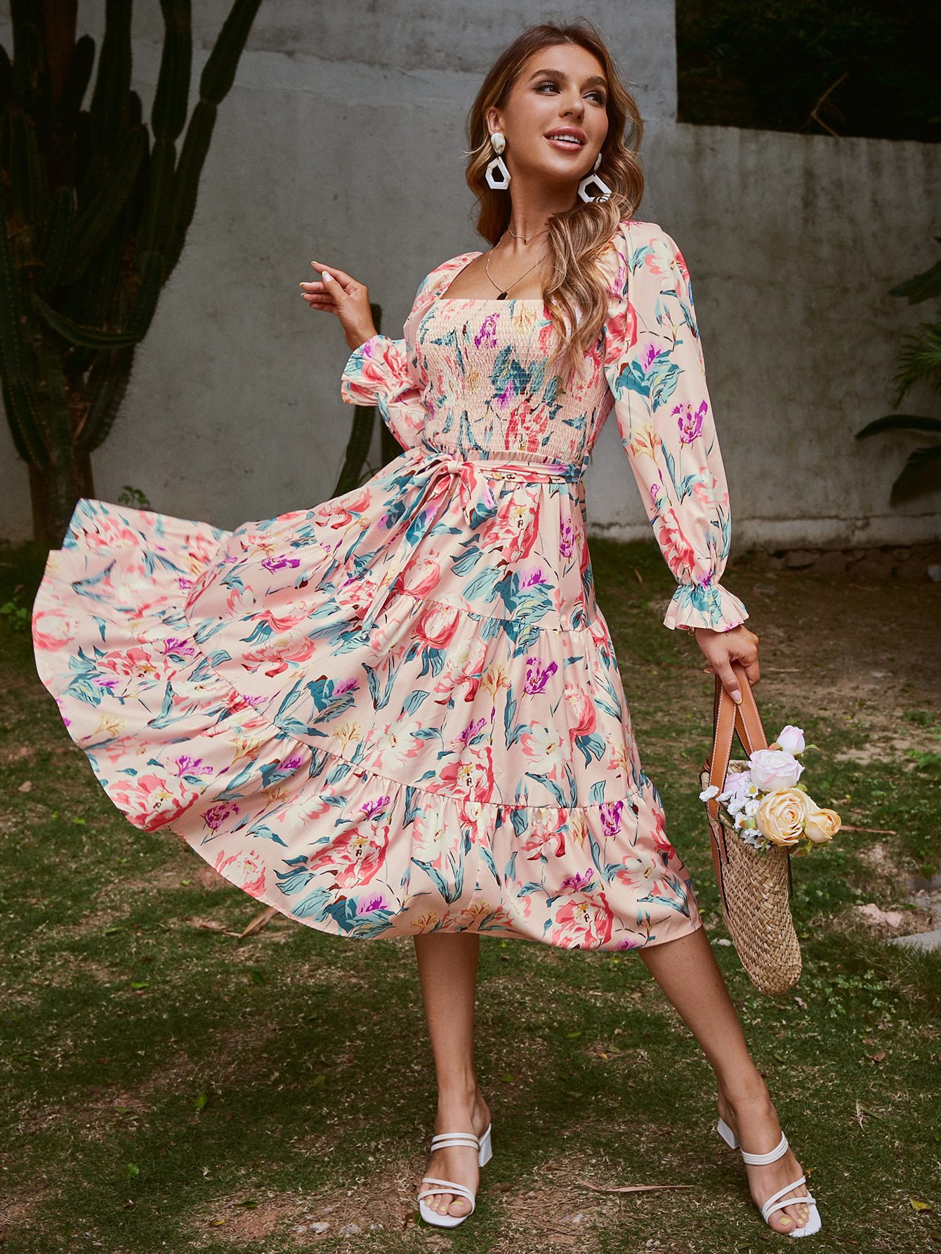 Floral Slash Neck Long Sleeve Ruffle Print Dress in Dresses