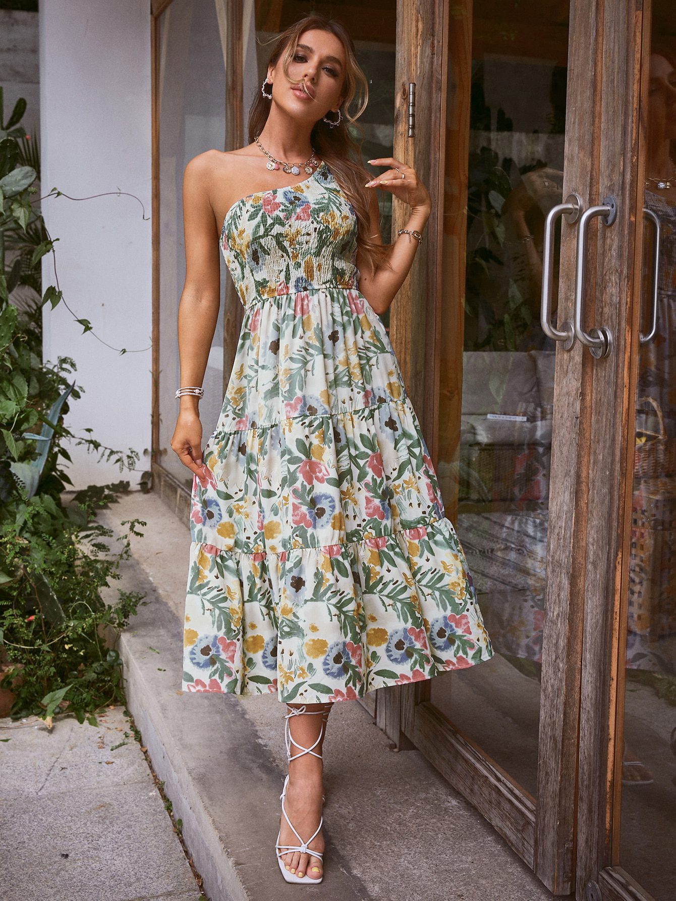 Floral Slash Neck Long Sleeve Ruffle Print Dress in Dresses