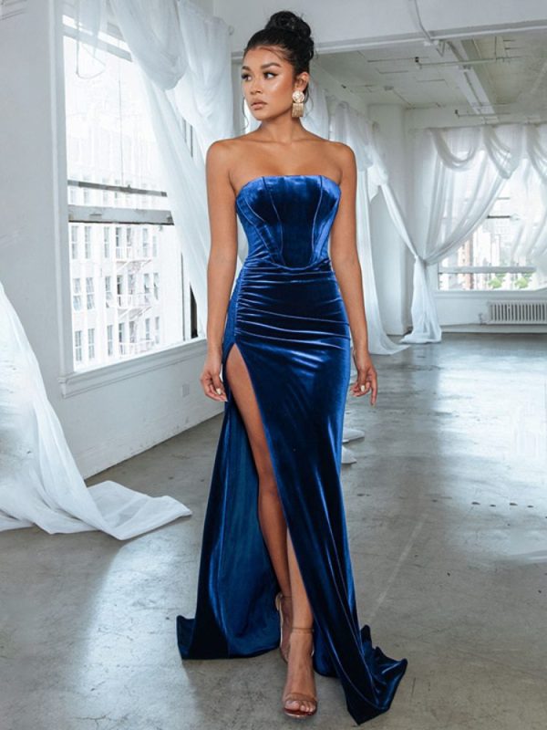 Elegant backless corset high slit velvet evening dress