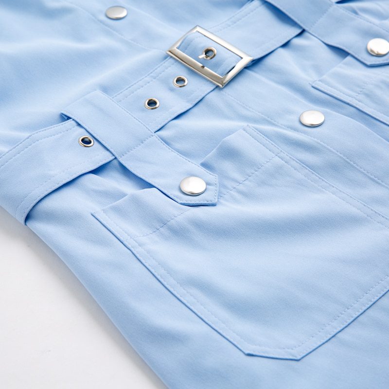 Short Sleeve Single Breasted Belt Pocket Office Shirt Mini Dress in Dresses