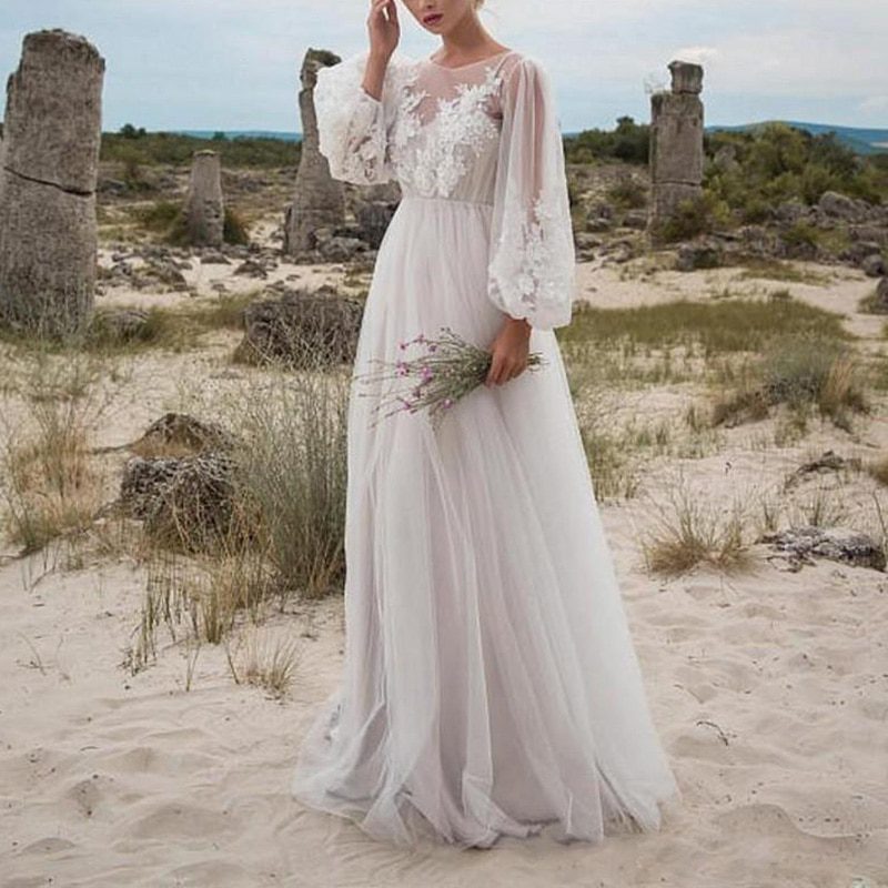 White Embroidery Long Sleeve Lace Tulle Maxi Tunic Beach Dress - Dresses - Uniqistic.com