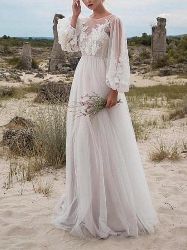 White Embroidery Long Sleeve Lace Tulle Maxi Tunic Beach Dress - White, L in