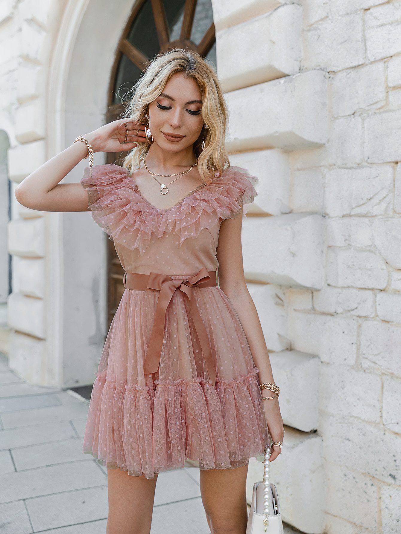 V-Neck Mesh Polka Dot Tulle Backless Pink Ruffle Sleeveless Dress in Dresses
