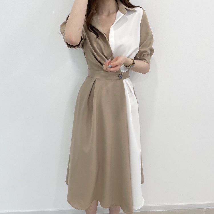 Short Sleeve Turn-Down Collar Elastic Waist Belt Asymmetrical A-Line Office Dress in Dresses