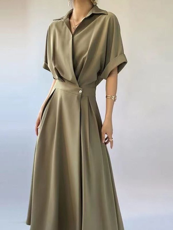 Short Sleeve Turn-Down Collar Elastic Waist Belt Asymmetrical A-Line Office Dress in Dresses
