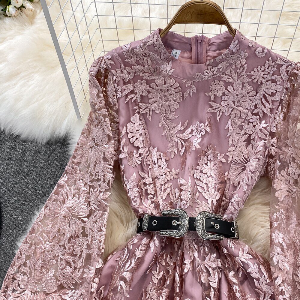 Round Neck Puff Sleeve Sashes Floral Embroidery Vintage Long Mesh Dress in Dresses