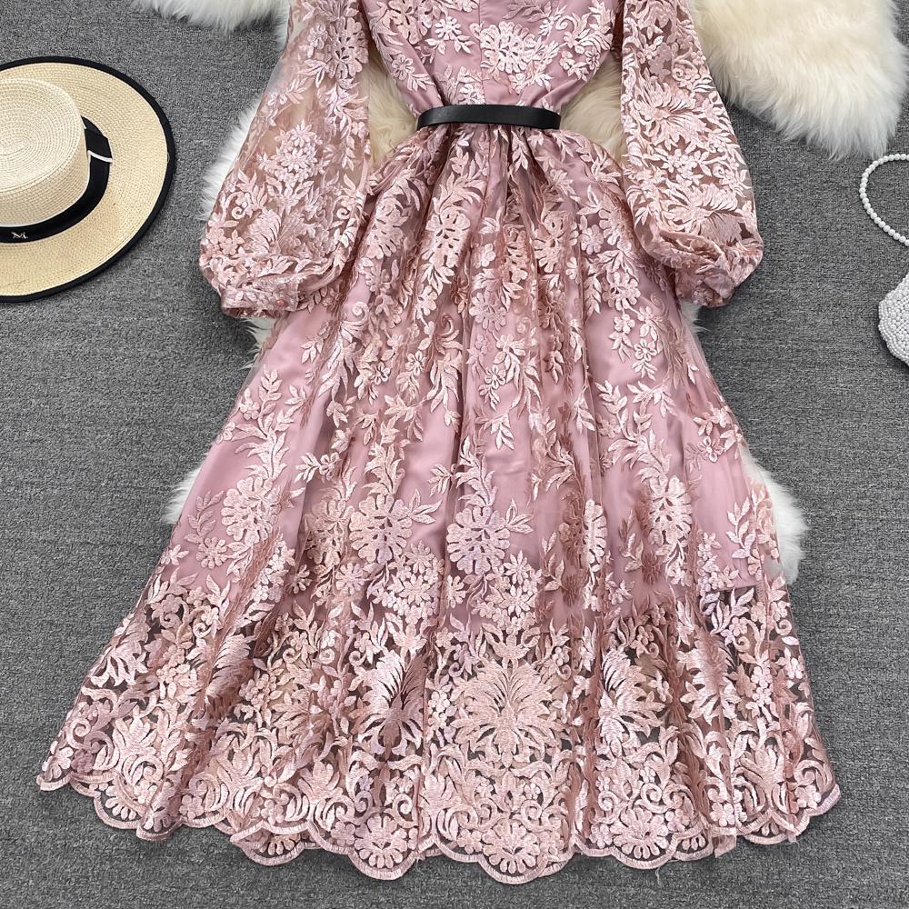 Round Neck Puff Sleeve Sashes Floral Embroidery Vintage Long Mesh Dress in Dresses