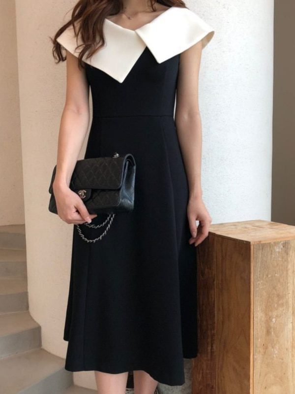 Collar Patchwork A-Line Midi Black Retro Dress in Dresses