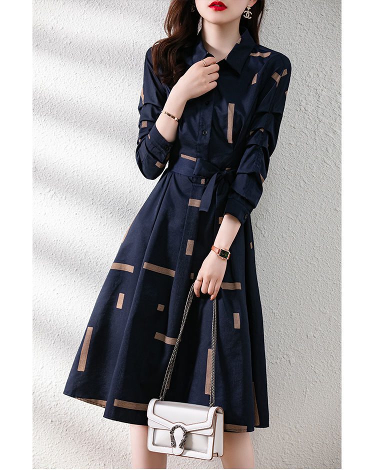 Geometric Printed Belt Long Sleeve Polo-Neck Midi Dress | Uniqistic.com