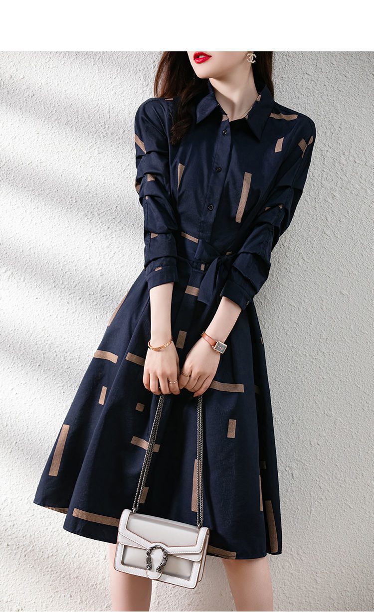 Geometric Printed Belt Long Sleeve Polo-Neck Midi Dress in Dresses