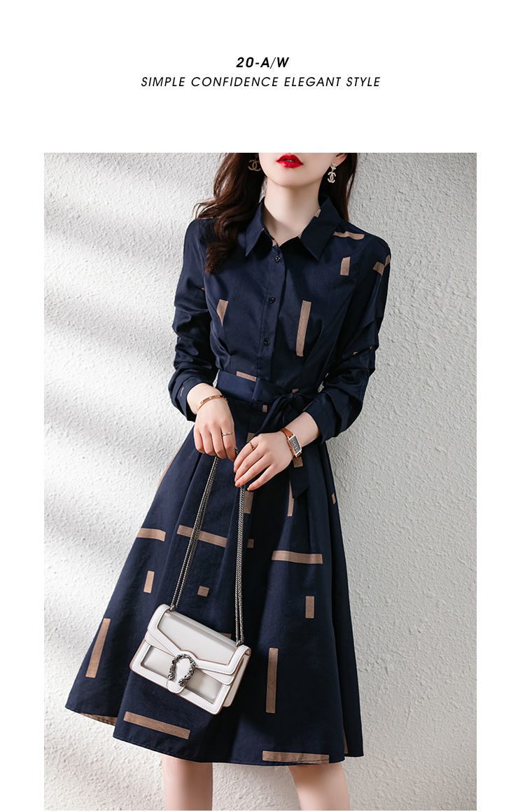 Geometric Printed Belt Long Sleeve Polo-Neck Midi Dress in Dresses