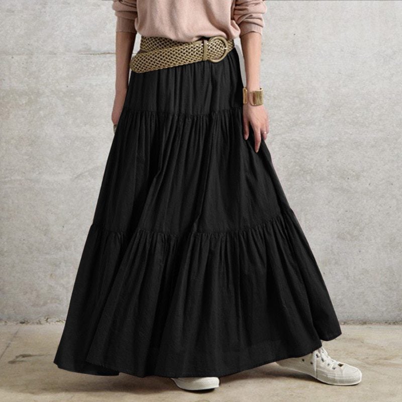 Vintage Ruffles Loose Elastic Waist Long Skirt in Skirts