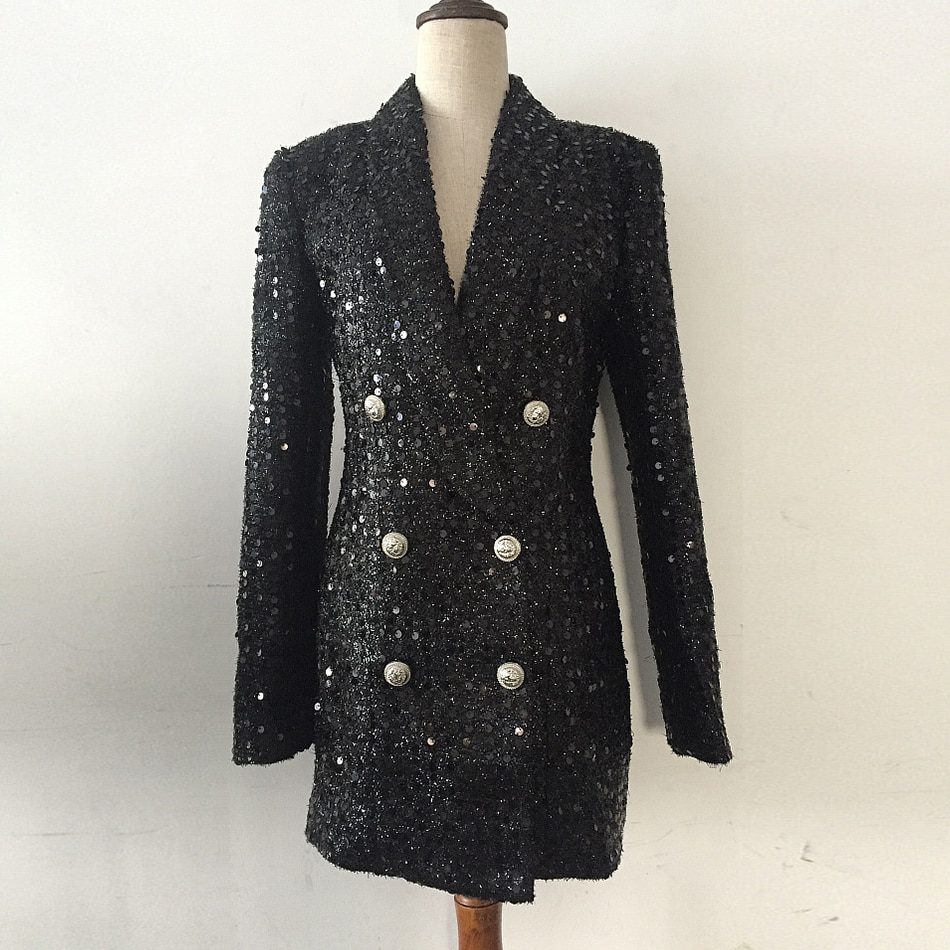 Double Lion Buttons Shawl Collar Glitter Sequined Long Black Blazer in Coats & Jackets