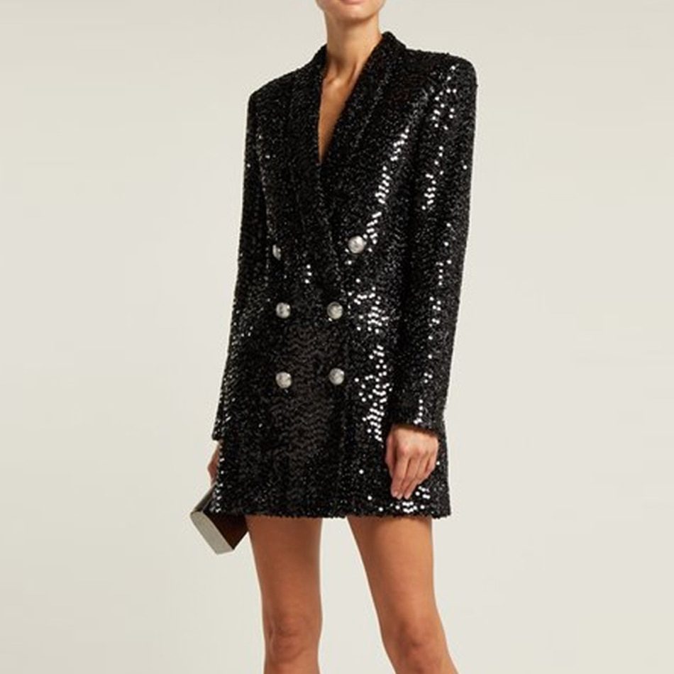Double Lion Buttons Shawl Collar Glitter Sequined Long Black Blazer in Coats & Jackets