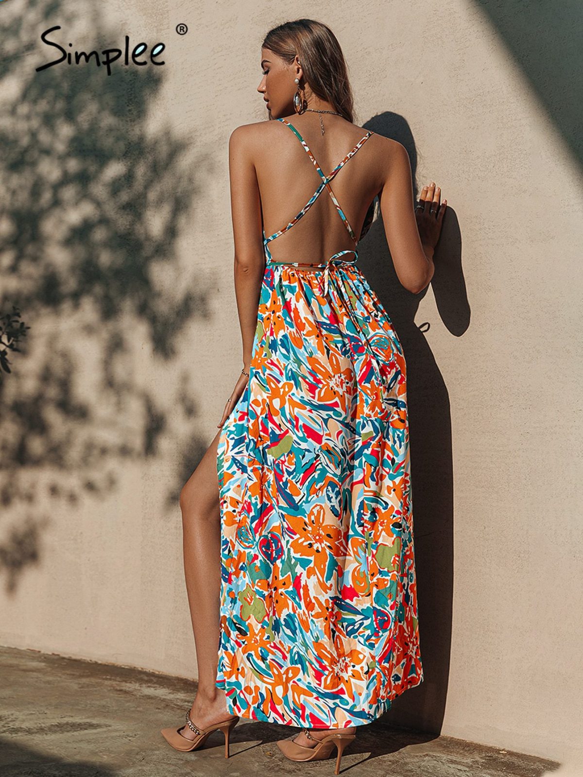 V-Neck Print Straps Backless High Waist Lace Up Split Maxi Beach Dress in Dresses