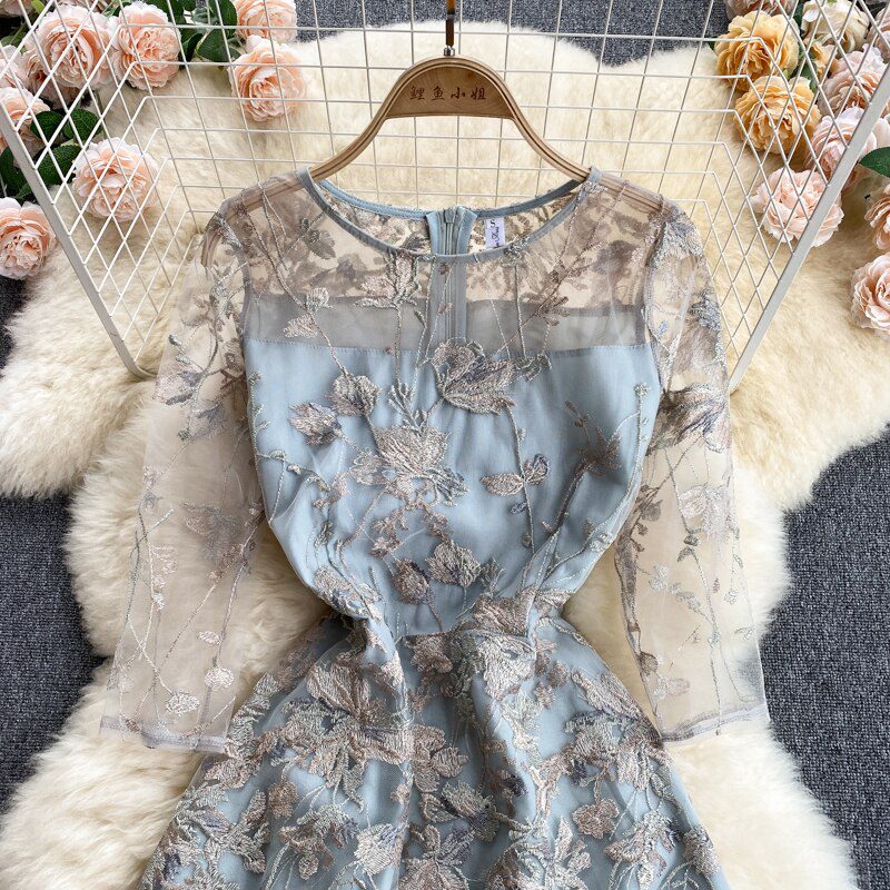 Embroidery Mesh Round Neck Midi Dress - Dresses - Uniqistic.com