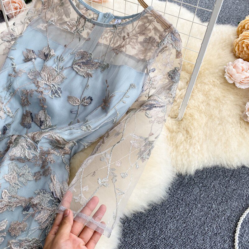 Embroidery Mesh Round Neck Midi Dress - Dresses - Uniqistic.com