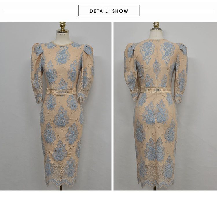 Elegant Flower Lace Print 3/4 Sleeve Slim Bodycon Dress in Dresses
