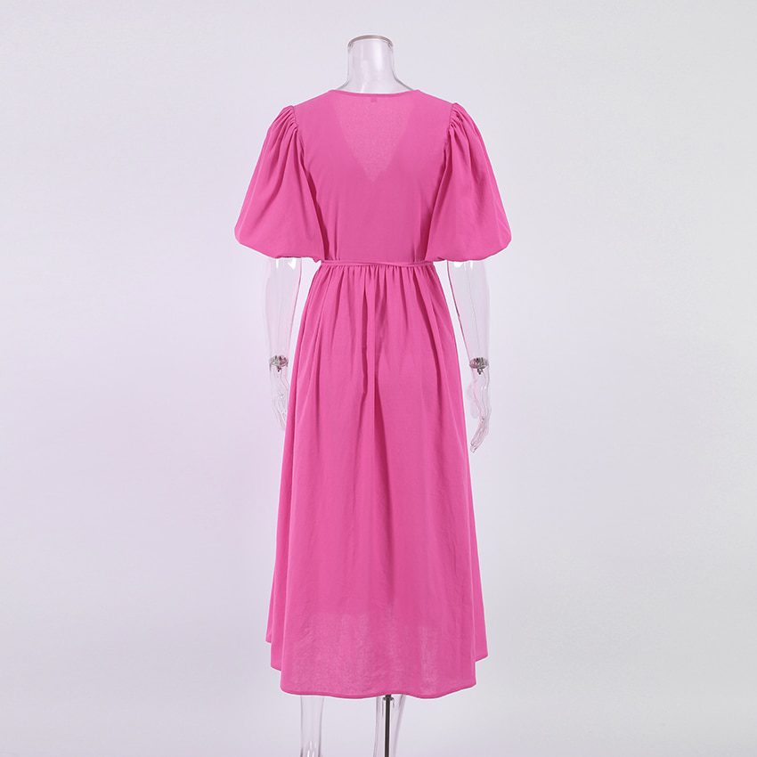 Wrap Linen V-Neck Puff Sleeve Split A-Line Fit Flare Midi Dress in Dresses