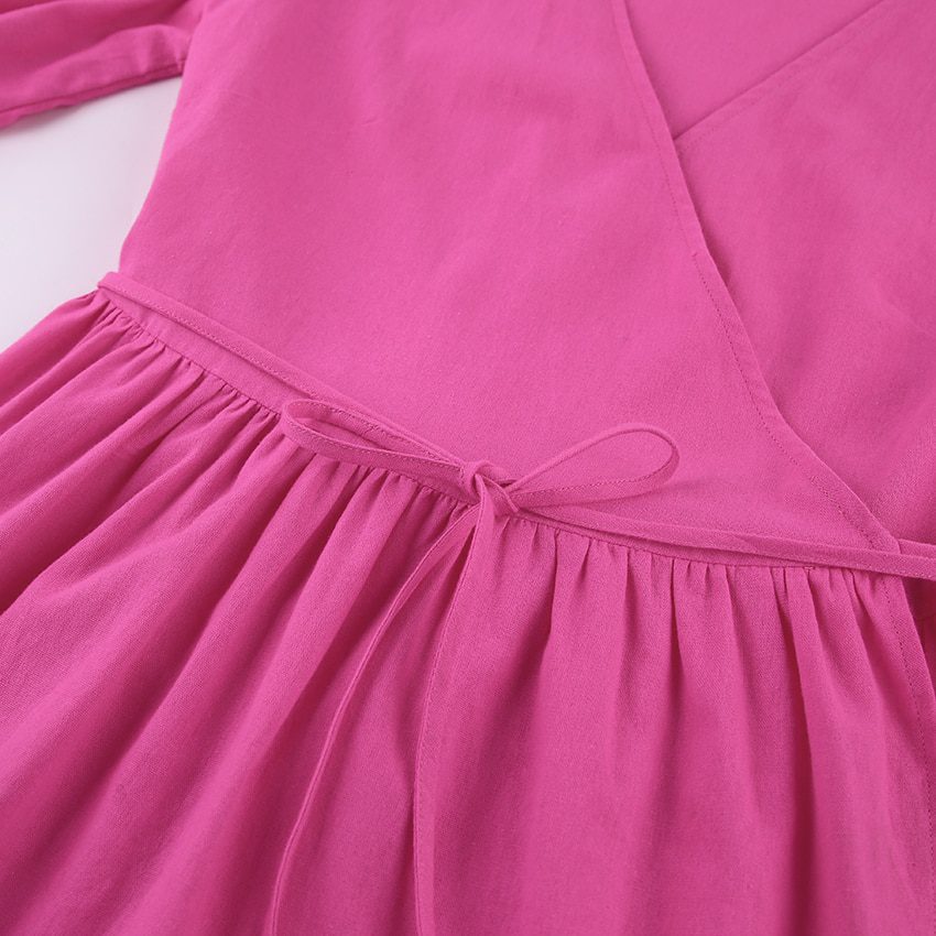 Wrap Linen V-Neck Puff Sleeve Split A-Line Fit Flare Midi Dress in Dresses