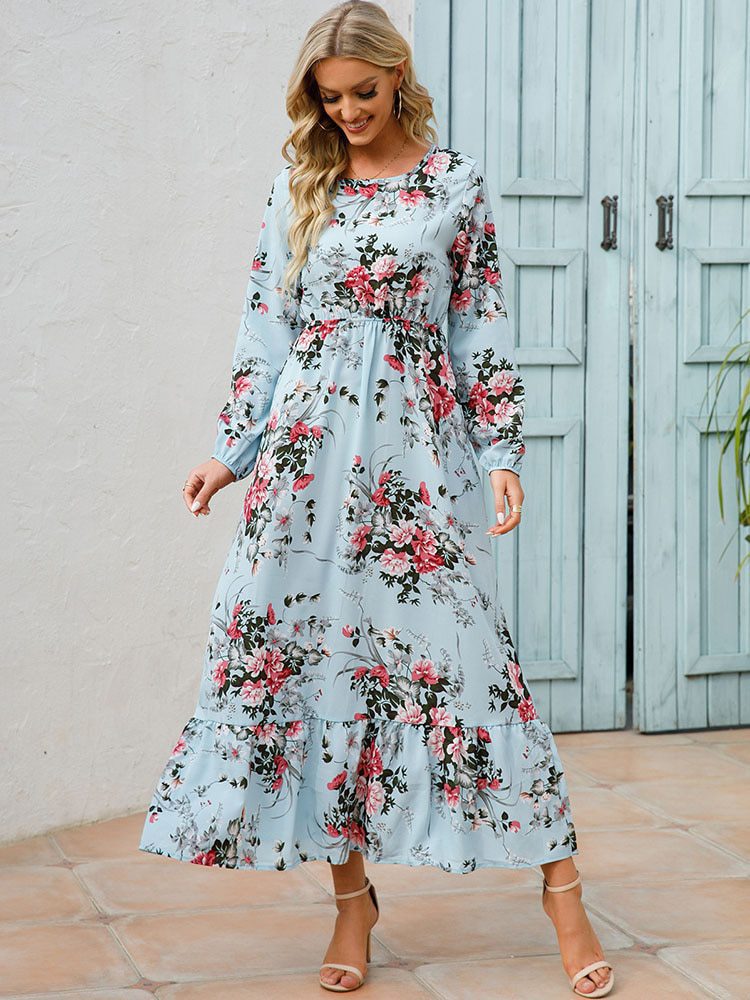 Floral Printed O Neck Long Sleeve High Waist A Line Beach Dress in Dresses
