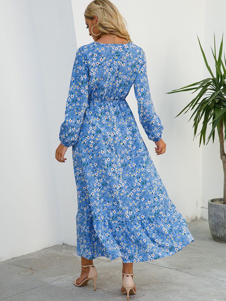 Floral Printed O Neck Long Sleeve High Waist A Line Beach Dress in Dresses