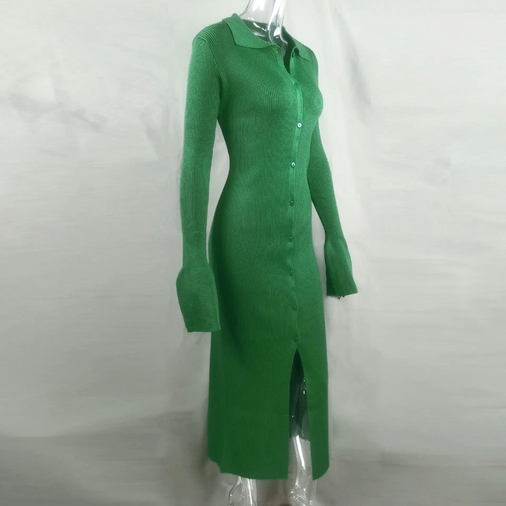 Knit Long Sleeve Single Breasted Mid Split Sweater Dress in Dresses
