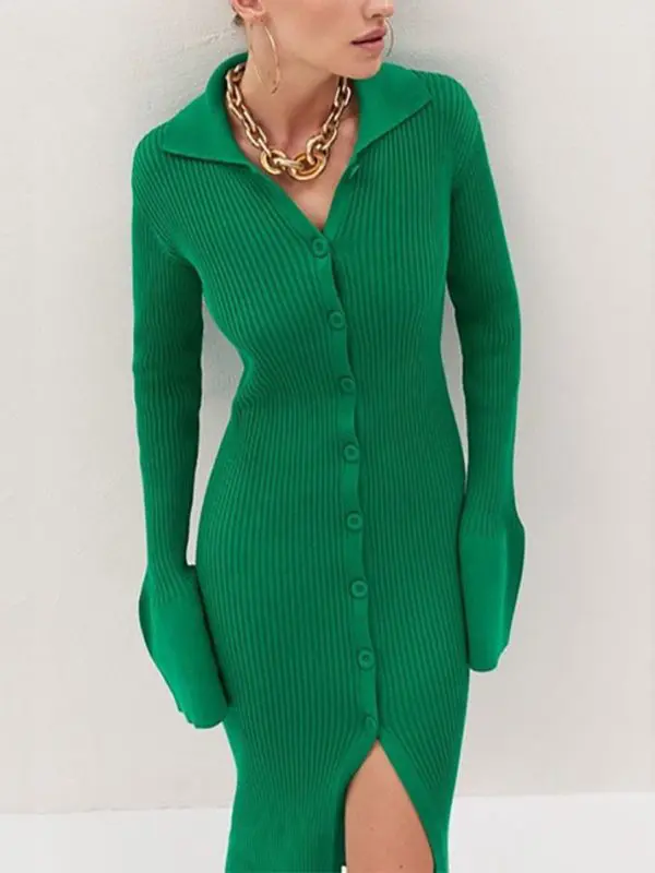 Knit long sleeve single breasted mid split sweater dress