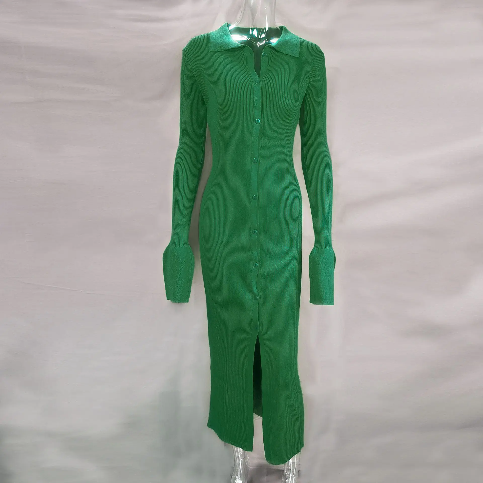 Knit Long Sleeve Single Breasted Mid Split Sweater Dress in Dresses