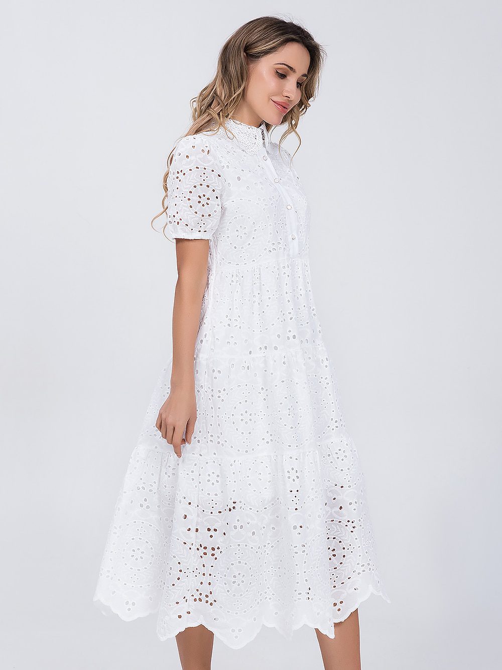 Cotton Hollow Out High Waist Ruffled A-Line White Dress in Dresses