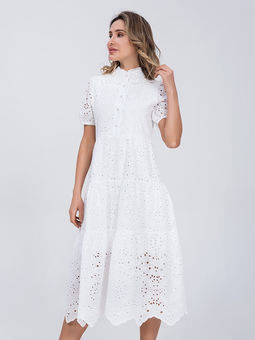 Cotton Hollow Out High Waist Ruffled A-Line White Dress in Dresses