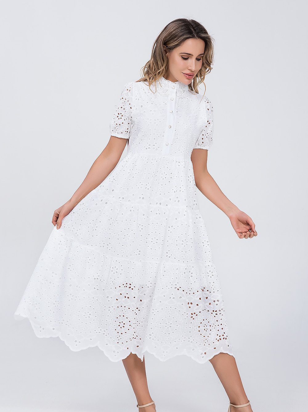 Cotton Hollow Out High Waist Ruffled A-Line White Dress | Uniqistic.com