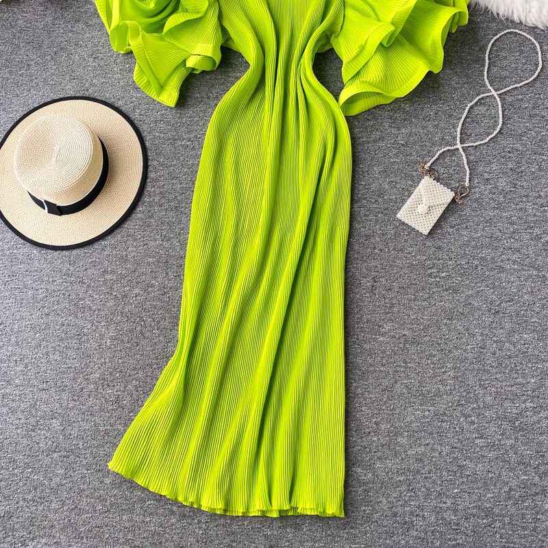 Vintage High Waist Ruffles Round Neck Flare Short Sleeve Pleated Long Dress in Dresses