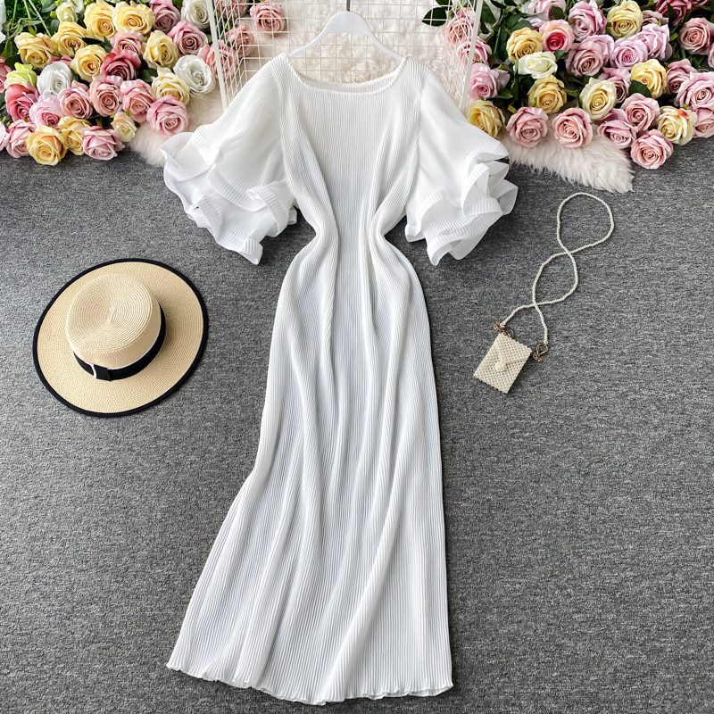 Vintage High Waist Ruffles Round Neck Flare Short Sleeve Pleated Long Dress in Dresses
