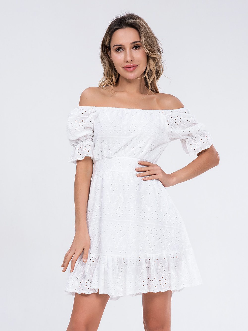 High Waist Ruffled Lace Up Hollow Out A-Line White Mini Dress in Dresses