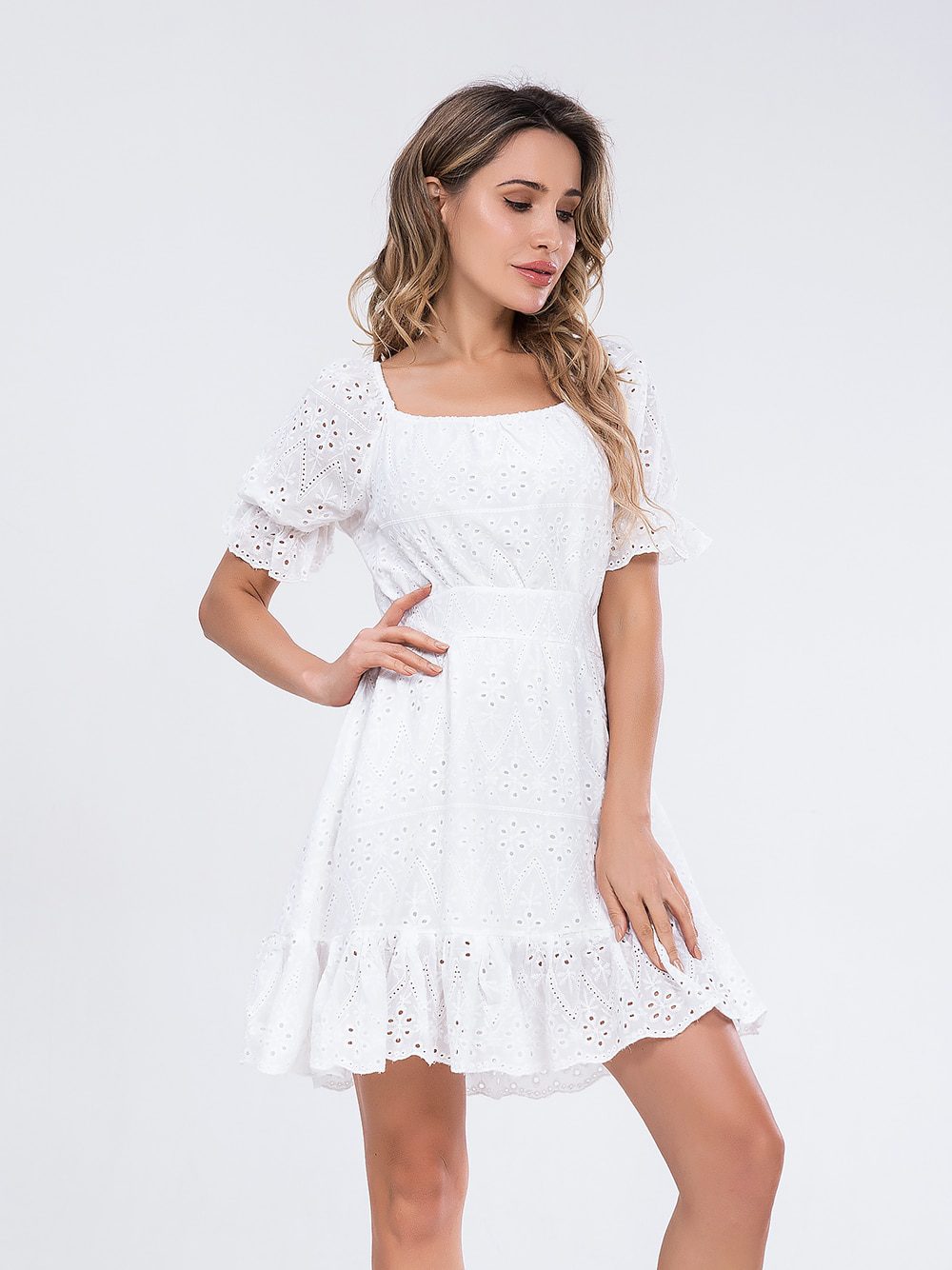 High Waist Ruffled Lace Up Hollow Out A-Line White Mini Dress in Dresses