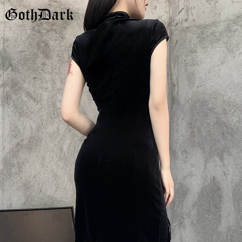 Romantic Gothic Velvet Vintage Black Bandage Slit Hem Bodycon Dress in Dresses