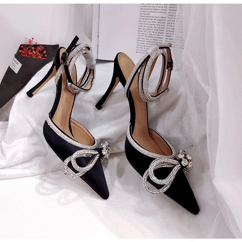 Glitter Rhinestone Crystal Bowknot Satin High Heels Shoes in Women's Pumps