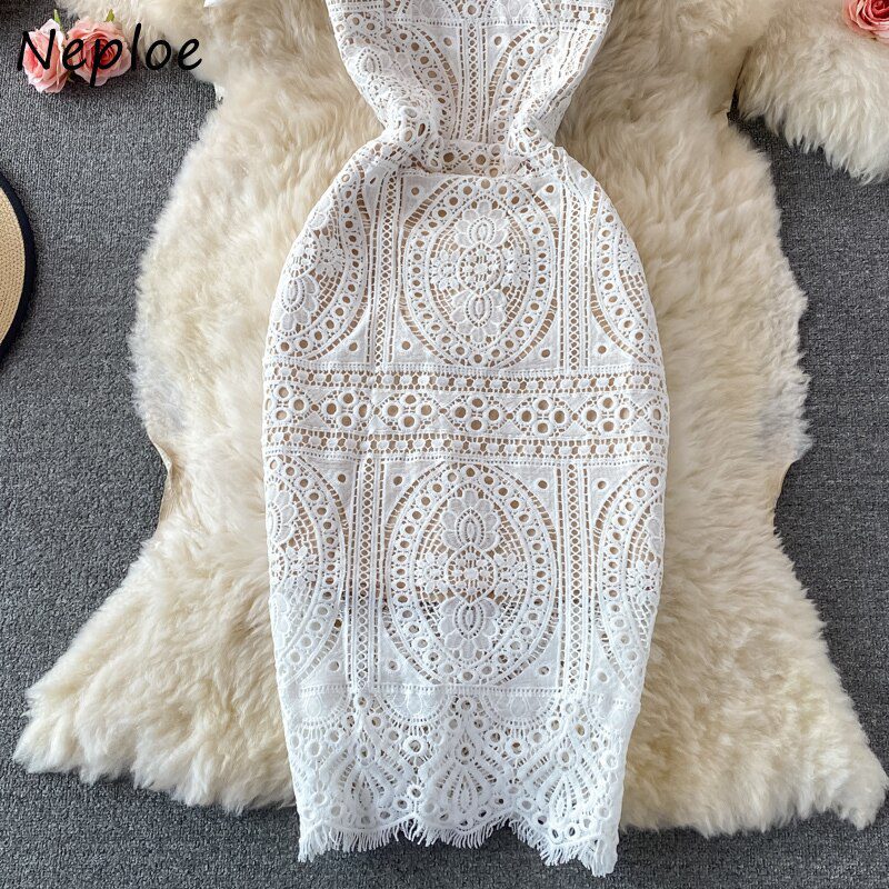 Square Neck Puff Sleeves High Waist Lace Dress in Dresses