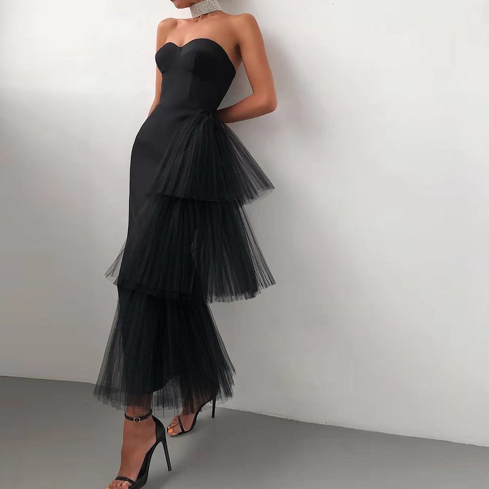 Elegant Black White Mesh Strapless Bandage Bodycon Dress in Dresses