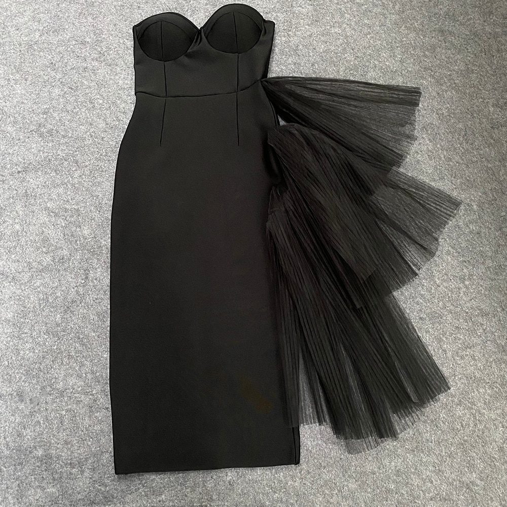 Elegant Black White Mesh Strapless Bandage Bodycon Dress in Dresses