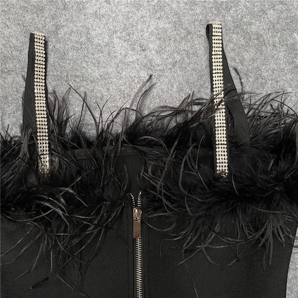 Black Feathers Bodycon Beading Midi Dress in Dresses