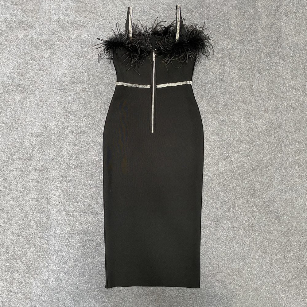 Black Feathers Bodycon Beading Midi Dress in Dresses