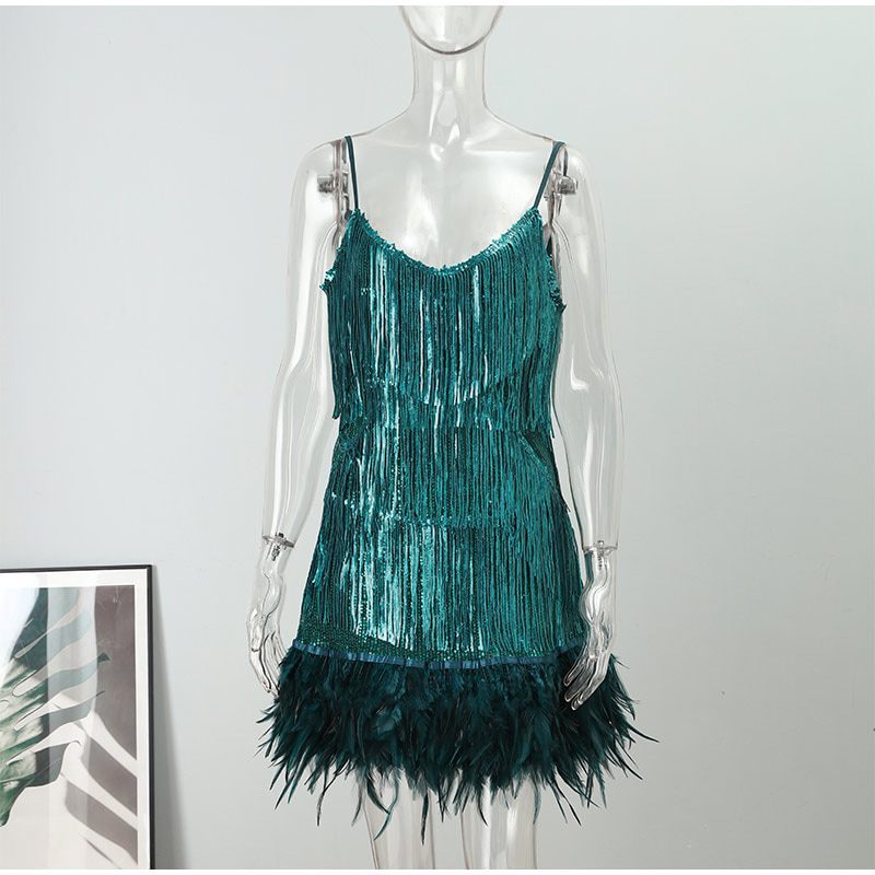 Feather Tassel Sequins Strap Mini Dress in Dresses