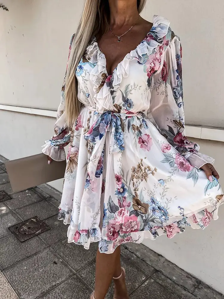 Deep V-Neck Ruffles Long Sleeve Floral Printing Dress in Dresses